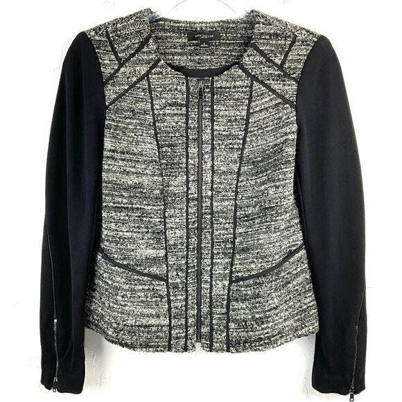 Ann Taylor Black White Tweed Mixed Media Full Zip Blazer Jacket 0 - Picture 1 of 7